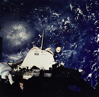 (NASA) A group of 5 oversize dye transfer photographs depicting Discovery and Atlantis missions and the Earth from above.